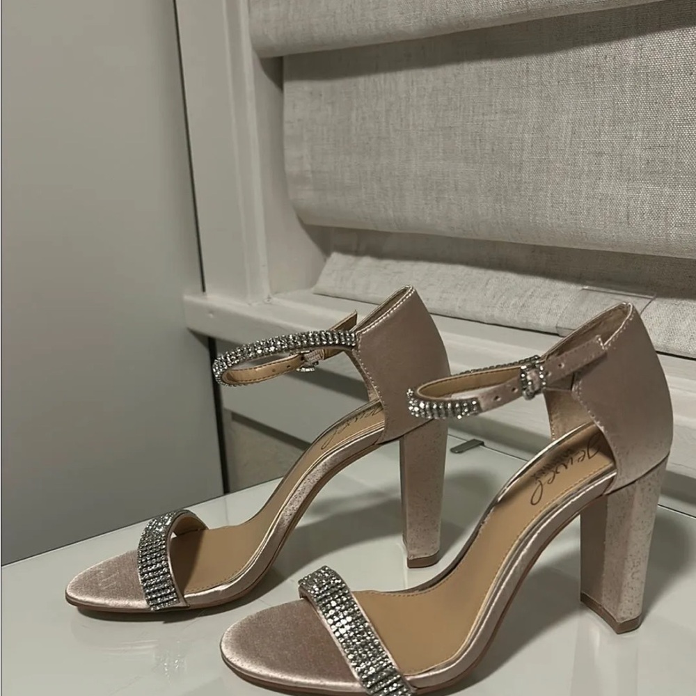 Jewel by Badgley Mischka Champagne Satin Heels with Rhinestone Accents
